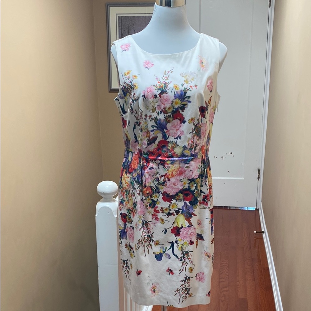 Talbots White and Floral Sheath Midi Dress Sleeveless Scoop Neck